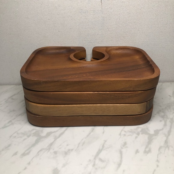 Set of 4 Teak Wood WINE & DINE PLATTERS TRAY - Picture 6 of 9